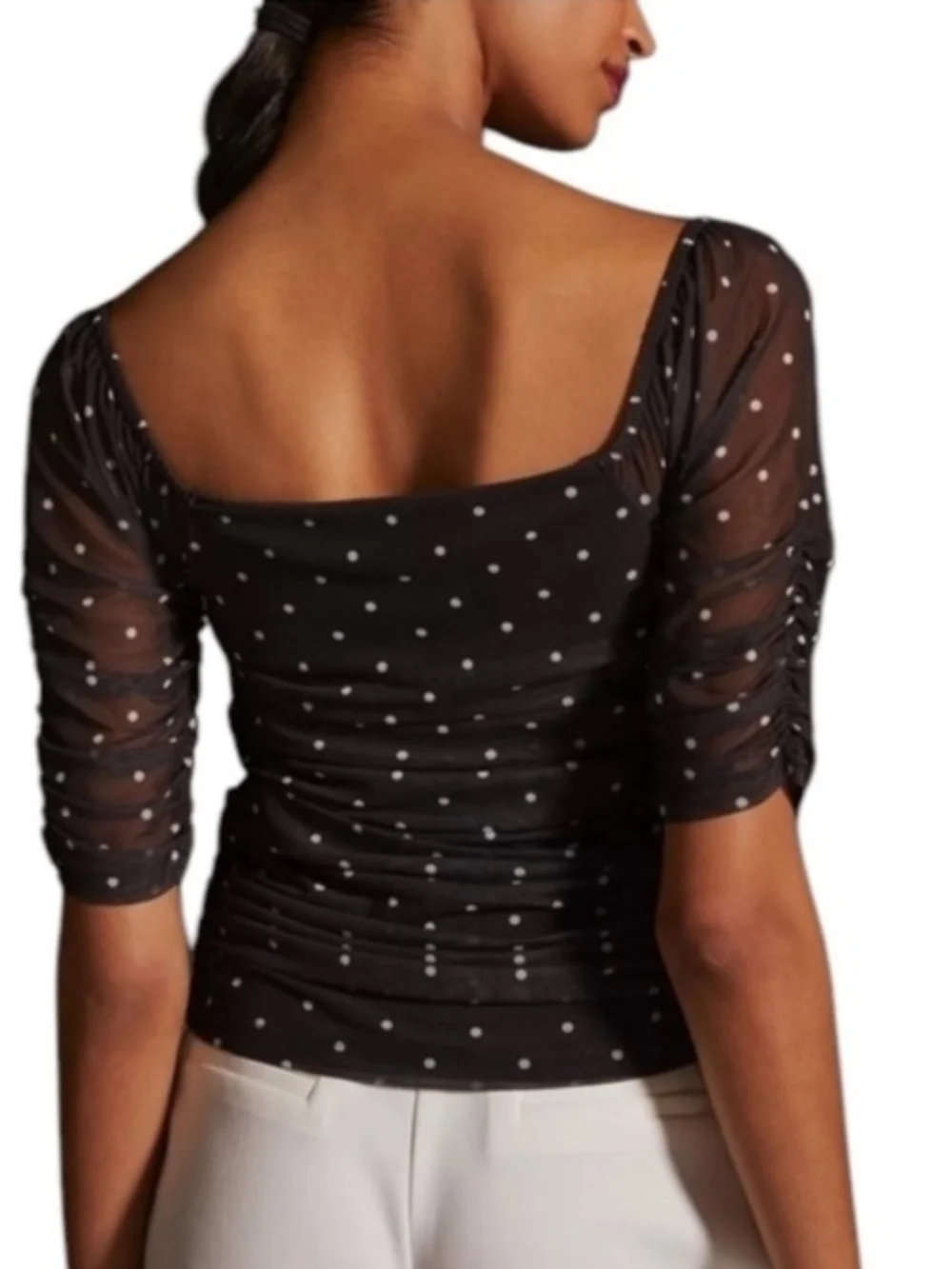 Anthropologie Black Polka Dot Ruched Puff Sleeve Top XXS Square-Neck Mesh Blouse